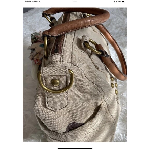 FOSSIL Grayson Beige Canvas Fabric Satchel Bag Added Floral Accessories ***READ - Picture 10 of 12
